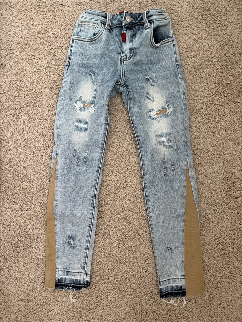 Haus of JR Light Blue Distressed Skinny Jeans with Tan Side Panel
